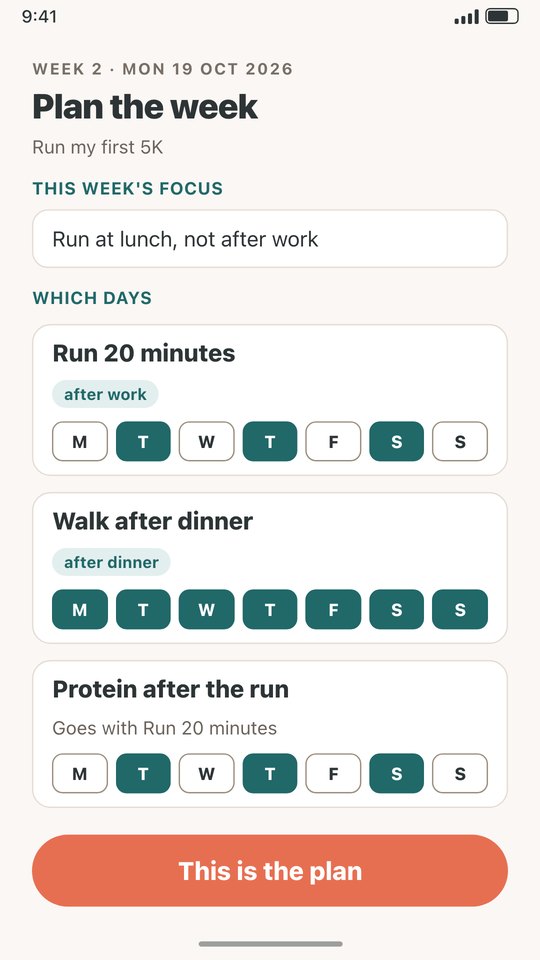 Plan the week: this week's focus is Run at lunch, not after work, and the days for each habit.