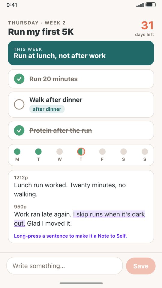 Today: two of three habits checked, two entries, one sentence highlighted.