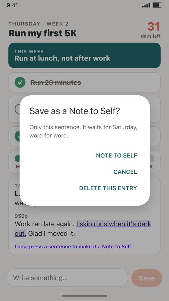 Save as a Note to Self? Only this sentence. It waits for Saturday, word for word.