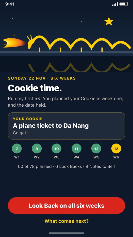 Cookie time, six weeks done: a yellow dragon bridge breathing fire at night. Your Cookie: a plane ticket to Da Nang.